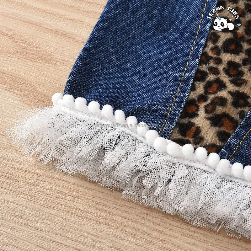LEZONKIDS - 2023 New Children Sleeveless Lapel Denim Top and Shorts Set Leopard Print Patchwork Mesh Girls Clothing